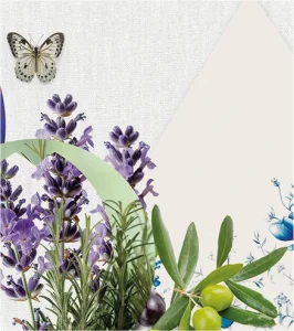 A la izquierda, un collage con una mariposa sobre plantas de lavanda y romero. A la derecha, ramas de olivo con aceitunas e ilustraciones florales azules crean una composición natural y relajante.