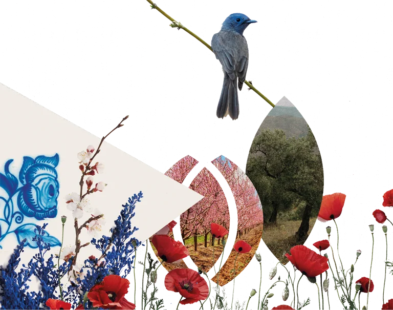 Un collage que muestra un pájaro azul posado en una rama, amapolas en un campo debajo, motivos florales a la izquierda y un paisaje ovalado con árboles. El fondo tiene una textura gris pixelada.