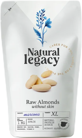 El envase blanco de Natural Legacy presenta una delicada ilustración de follaje azul que resalta sus almendras crudas Marcona, de origen español. Estos envases de 1 kg presentan una fuente de proteína natural sin gluten, lo que garantiza una calidad superior sin piel para el cliente más exigente.