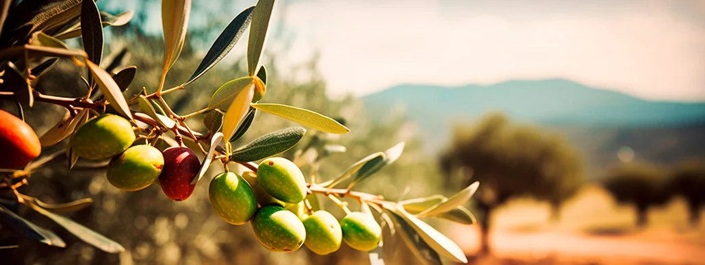 Una rama de olivo con una aceituna verde madura y una aceituna roja en foco, sobre un fondo borroso de un olivar y montañas bajo un cielo soleado.