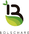 Logotipo con una B estilizada con una hoja verde integrada en el diseño, lo que sugiere un tema ecológico. Debajo del símbolo, aparece la palabra BOLSCHARE en letras mayúsculas.