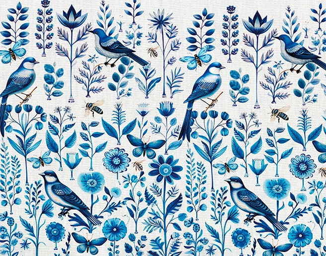Un patrón decorativo con pájaros, mariposas y abejas rodeados de una variedad de flores y hojas intrincadas. El diseño muestra varios tonos de azul sobre un fondo claro, creando una composición armoniosa y vibrante.